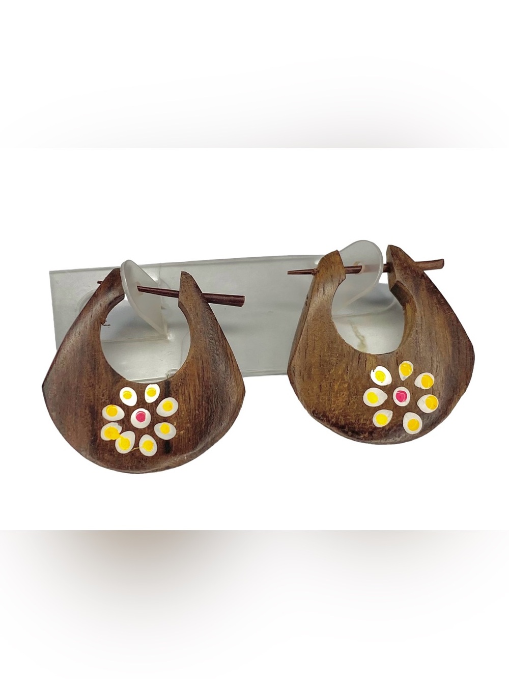 Hand-Carved Wooden Hoop Earrings with Floral Detail